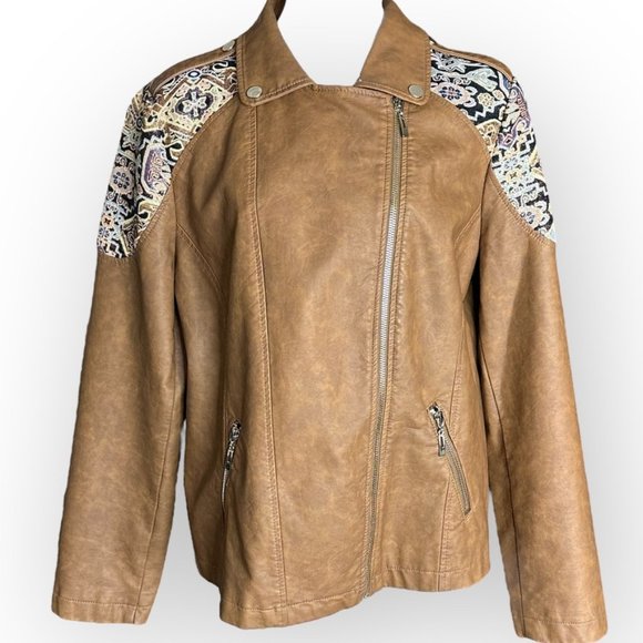CHICO'S Faux-Leather Jacquard Moto Jacket Size 2/ 12 - Picture 3 of 9